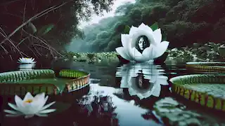 Naiá se transforma en un lirio de agua, su cuerpo se disuelve en pétalos sobre el río sereno.