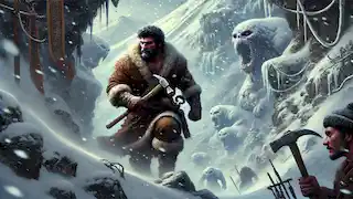 Arash, envuelto en prendas forradas de piel, asciende por las nevadas laderas del monte Damavand en dirección a la Puerta de Hielo, mientras criaturas acechan en las sombras.