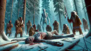 El Wendigo caído yace derrotado en un claro nevosamente en el bosque, rodeado de melancólicos cazadores nativos americanos.