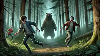 Un oso emerge del bosque mientras Ben corre asustado y Sam se queda paralizado de terror, con el bosque denso y sombrío.