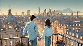 Un couple admirant la vue de la ville depuis un toit.