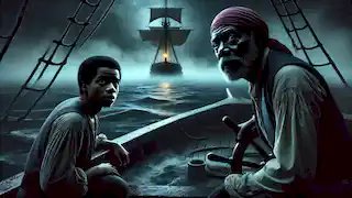 Ezra y Manuel navegan a través de una niebla inquietante en el Caribe, guiados por una luz parpadeante en el horizonte.