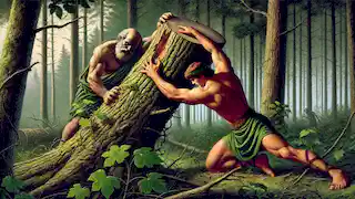 Milo de Crotona atrapado por un árbol en el bosque.
