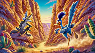 Wile E. Coyote volando por el aire después de que un catapulta falla.