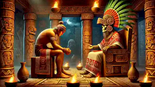 Quetzalcóatl, traicionado por Tezcatlipoca, fue ofrecido una bebida sagrada en una habitación ceremonial azteca iluminada por antorchas parpadeantes.
