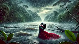 La lluvia sobre el río Amazonas provoca que Ana, vestida con un vestido rojo, abrace al Boto mientras el caudal del río aumenta de manera dramática.