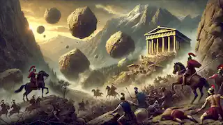 Bloques de piedra caen del Monte Parnaso sobre los invasores persas, mientras el Templo de Apolo permanece protegido al fondo.