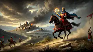El rey Yazdegerd III huye a caballo, llevando la Corona de Rubí a través de un desolado paisaje persa.