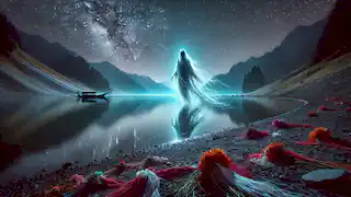 Vista mística del lago Tiyayogol brillando bajo la luz de la luna, con una figura espectral de Aiman caminando junto al agua.