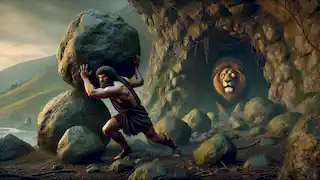 Hércules bloqueando la entrada de la cueva con rocas mientras el León de Nemea observa.