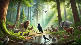 Los animales se reúnen en un bosque frondoso, rodeando al cuervo mientras la luz del sol se filtra a través de los árboles, simbolizando unidad y alivio.