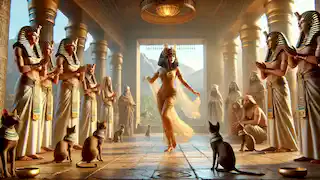 Entrenamiento de Meret-Ka en el Templo de Bastet con sacerdotes y los gatos del templo.