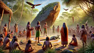 Los hermanos Djanggawul realizan una ceremonia sagrada en la roca Djirri-djirri, convocando a los clanes Yolngu.