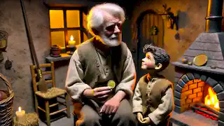 Un anciano Seamus sentado junto al fuego, sosteniendo una moneda de oro, con Fergal de pie a su lado.