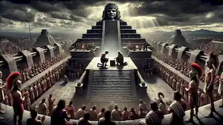 Cuauhtémoc se arrodilla ante un altar de piedra en una pirámide para su sacrificio final bajo un cielo tormentoso.