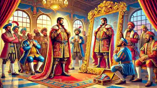 O imperador cercado por colegas da corte, admirando suas roupas invisíveis diante de um espelho.