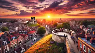 Une vue du coucher de soleil depuis la tour Clifford à York.