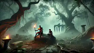 Hércules atinge a Hidra com sua espada, enquanto Iolau se prepara com uma tocha no pântano enevoado.