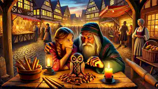 Una vibrante escena de un festival de cosecha donde un anciano talla un talismán mientras Anna lo observa con fascinación.