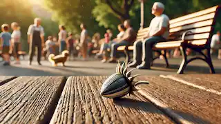 La Mala Semilla se sienta bajo un banco del parque, observando a las personas y a las mascotas en el animado parque que lo rodea.