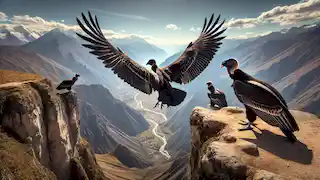 Kuntur, el joven cóndor, realiza su primer vuelo desde un saliente de un acantilado bajo la atenta mirada de sus padres.