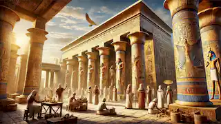 El gran Templo de Ptah en Menfis, con sacerdotes realizando rituales y artesanos en plena labor.