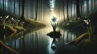 Una sola flor de narcisos florece junto al sereno estanque en el bosque al amanecer, con la presencia de Eco sintiéndose a lo lejos.