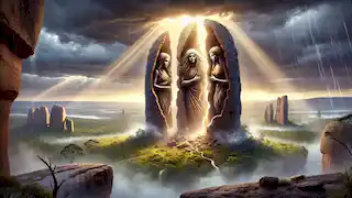 Las hermanas emergiendo de sus formas de piedra tras una tormenta, rodeadas de luz solar y neblina.