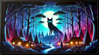 Un zorro solitario con ojos brillantes observa la aldea desde el bosque iluminado por la luna, emitiendo una presencia misteriosa y protectora.