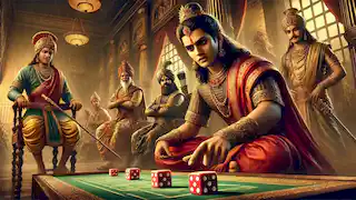 Yudhishthira pierde en el juego de dados en un espléndido tribunal, mientras Shakuni sonríe astutamente y Duryodhana observa con confianza.
