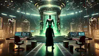 Una tensa confrontación entre una figura y una máquina iluminada por kryptonita en un laboratorio de alta tecnología.