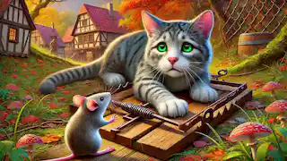 Eine verängstigte Katze mit glänzendem Fell, die in einer Falle des Jägers gefangen ist, und eine mutige Maus, die sich nähert, um zu helfen.