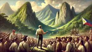 Andrés Bonifacio se dirige a sus fuerzas del Katipunan, con las imponentes rocas de Montalbán de fondo.