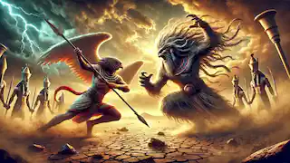 Horus y Seth se enfrentaban en una feroz batalla en el desierto, bajo un cielo tormentoso, simbolizando el choque entre el orden y el caos.