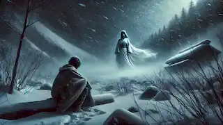 Sato, un joven viajero, contempla a Yuki-onna de pie al borde de un claro cubierto de nieve, durante una tormenta de nieve.