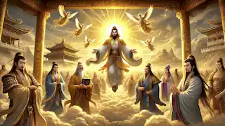 Sun Wukong y sus compañeros llegan al Cielo del Oeste, donde son recibidos por seres celestiales en un entorno sereno y divino.