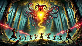 Los Sátiros se mantienen unidos con el resplandeciente Corazón de Helios, combatiendo la magia sombría de Nyxara en un claro arcadio.