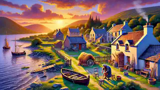 Ein kleines irisches Dorf bei Tagesanbruch, in dem Liam O’Gulliver sein Boot für eine Reise vorbereitet. Die Szene ist lebhaft und mit detaillierten Texturen ausgestattet.