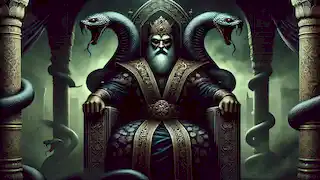El tirano Zahhak, con serpientes en los hombros, sentado en un oscuro trono en un palacio persa.