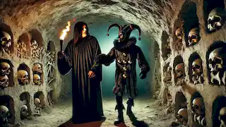 Montresor guía a un ebrio Fortunato a través de catacumbas estrechas, cuyas paredes están adornadas con huesos.