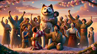 Los aldeanos celebran alrededor del Shisa, mostrando expresiones de alegría, alivio y triunfo.