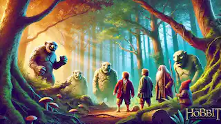 Bilbo y los enanos se encuentran ante tres trolls de piedra, congelados en medio de una discusión, en un denso bosque.