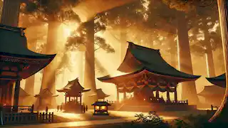 El Gran Santuario de Ise se erige en una naturaleza serena, con la luz dorada del sol filtrándose entre los árboles mientras los visitantes rinden homenaje.