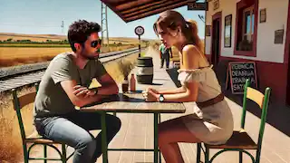 Una mujer se levanta de una mesa en una estación de tren rural en España, mientras que el hombre permanece sentado, luciendo incómodo.