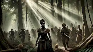 La reina Nzinga guiando a su pueblo a través de los densos bosques, preparándose para la guerra de guerrillas contra los portugueses.