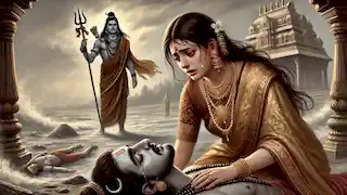 Parvati llora por el cuerpo caído de Ganesha, mientras Shiva se encuentra cerca, sosteniendo su tridente con pesar.