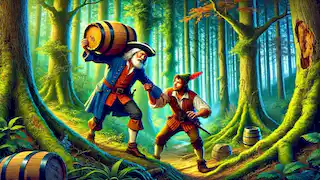 Rip Van Winkle ayudando a un hombre robusto a cargar un barril en el bosque.
