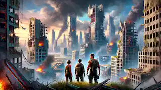 Tris y Cuatro están de pie al borde de una ciudad devastada por la guerra, mirando la ruina con la determinación de reconstruir.