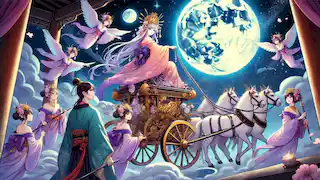 El carro celestial que lleva a Kaguya-hime de regreso a la Luna, dejando al Emperador sumido en la tristeza.