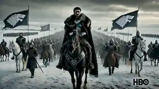 L'armée Stark, dirigée par Robb Stark, marche vers le sud à travers un paysage enneigé, les bannières flottant haut dans le ciel.